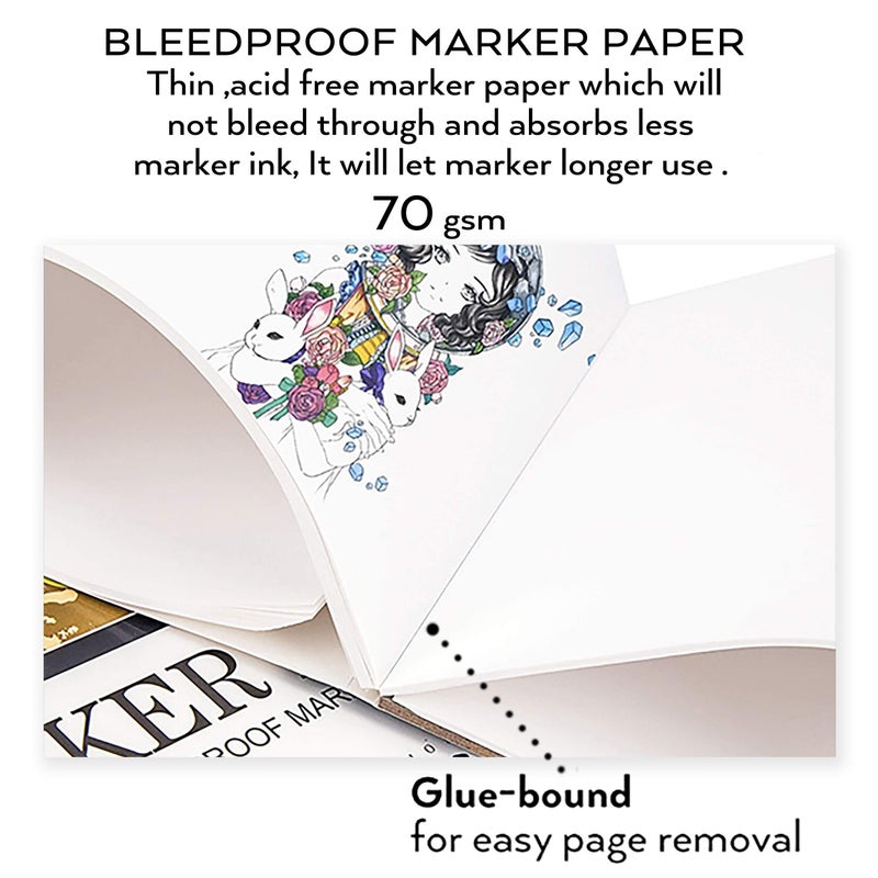 Bianyo Bleedproof Marker Paper Pad, A4(8.27""X11.69""), 50 Sheets/Pad, Pack of 2 Pads, 18 LB / 70 GSM, Glue-Bound, 100% Cotton, White, Ideal for Use with Markers and Ink Mediums - Image 2